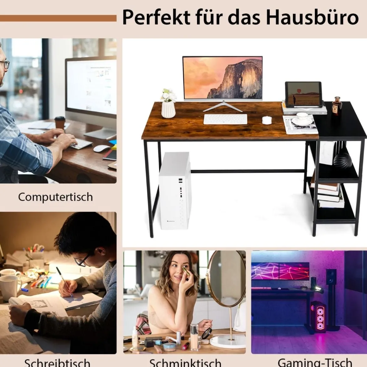 140 cm Schreibtisch mit Ablageflächen & Spleißplatte Computertisch Bürotisch Industriell