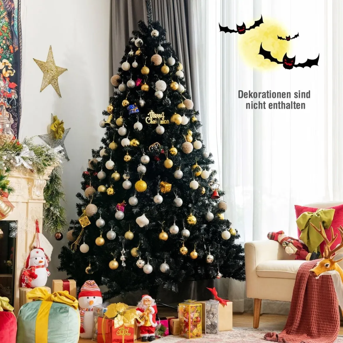 225 cm schwarzer künstlicher Weihnachtsbaum mit 1749 PVC Zweigen und Metallständer Tannenbaum