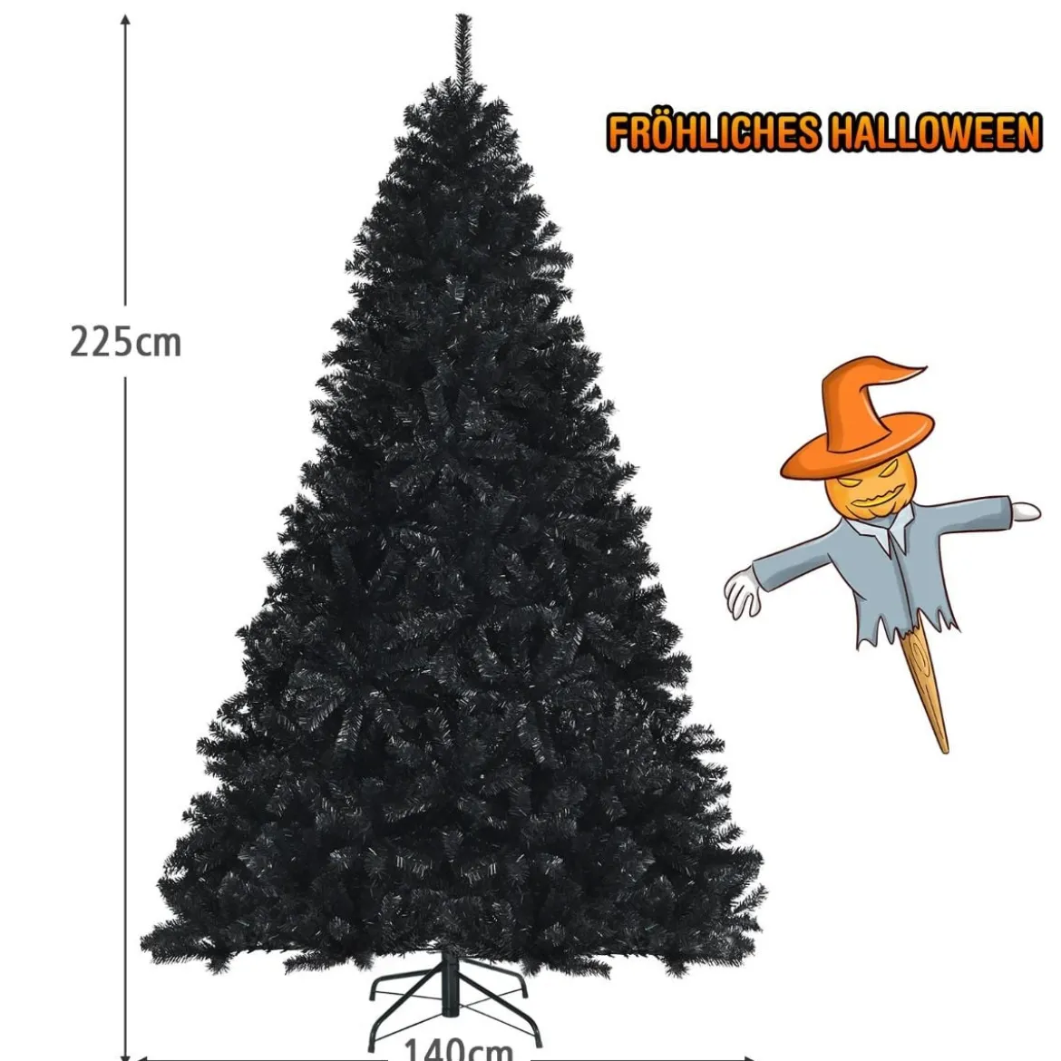 225 cm schwarzer künstlicher Weihnachtsbaum mit 1749 PVC Zweigen und Metallständer Tannenbaum