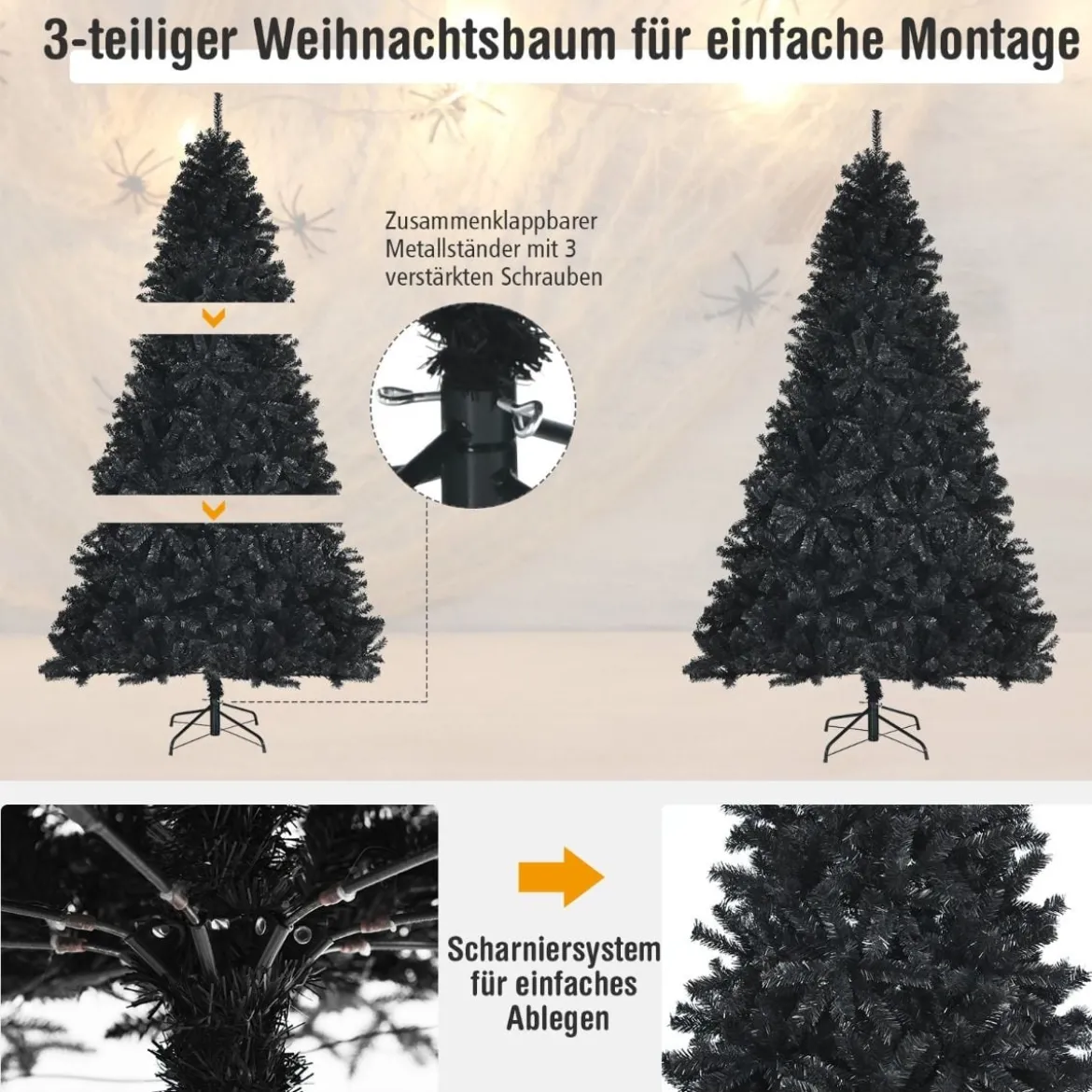225 cm schwarzer künstlicher Weihnachtsbaum mit 1749 PVC Zweigen und Metallständer Tannenbaum
