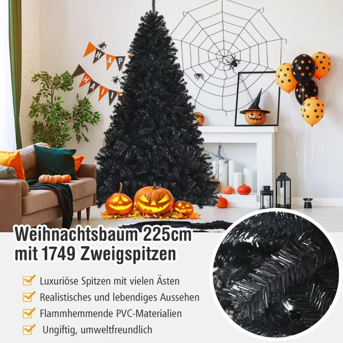 225 cm schwarzer künstlicher Weihnachtsbaum mit 1749 PVC Zweigen und Metallständer Tannenbaum