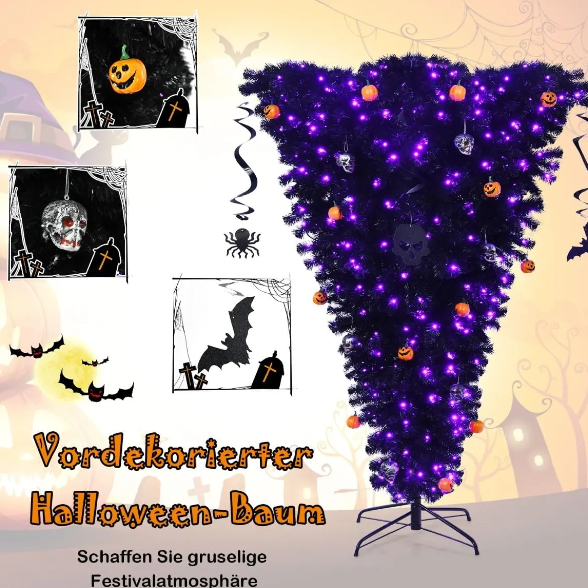 180 cm schwarzer künstlicher Weihnachtsbaum beleuchteter Halloweenbaum mit 270 lila LED-Lichtern