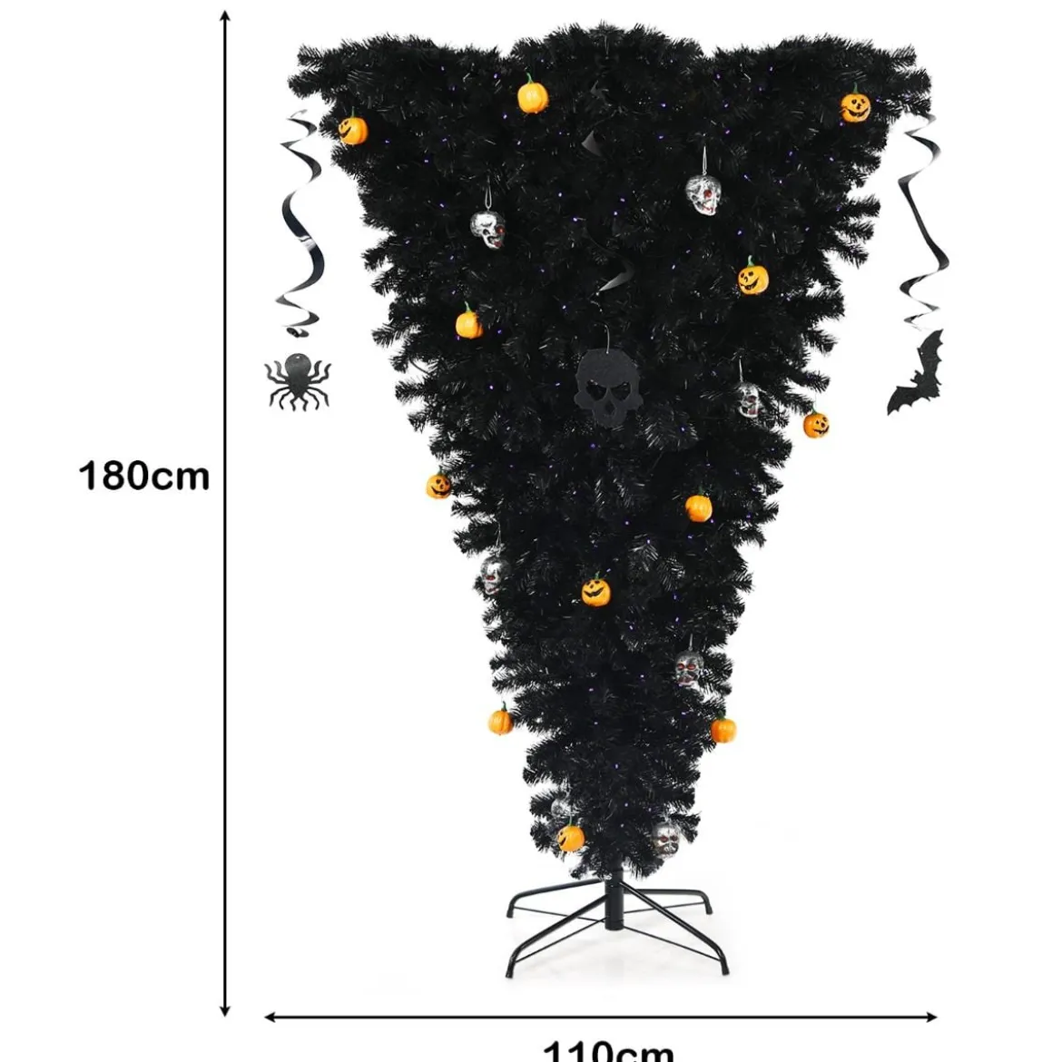 180 cm schwarzer künstlicher Weihnachtsbaum beleuchteter Halloweenbaum mit 270 lila LED-Lichtern