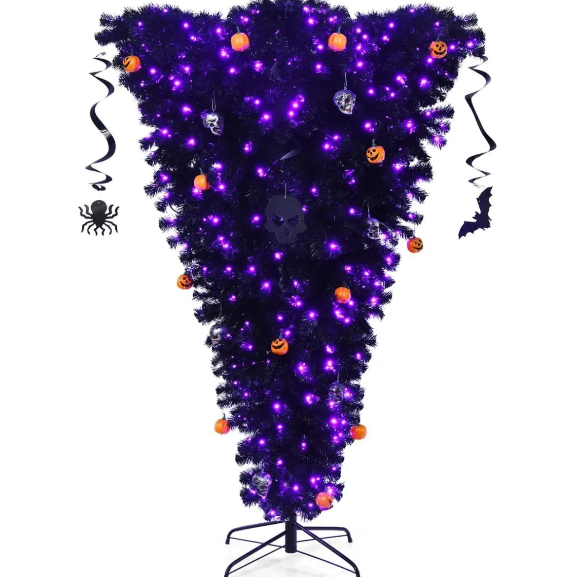 180 cm schwarzer künstlicher Weihnachtsbaum beleuchteter Halloweenbaum mit 270 lila LED-Lichtern
