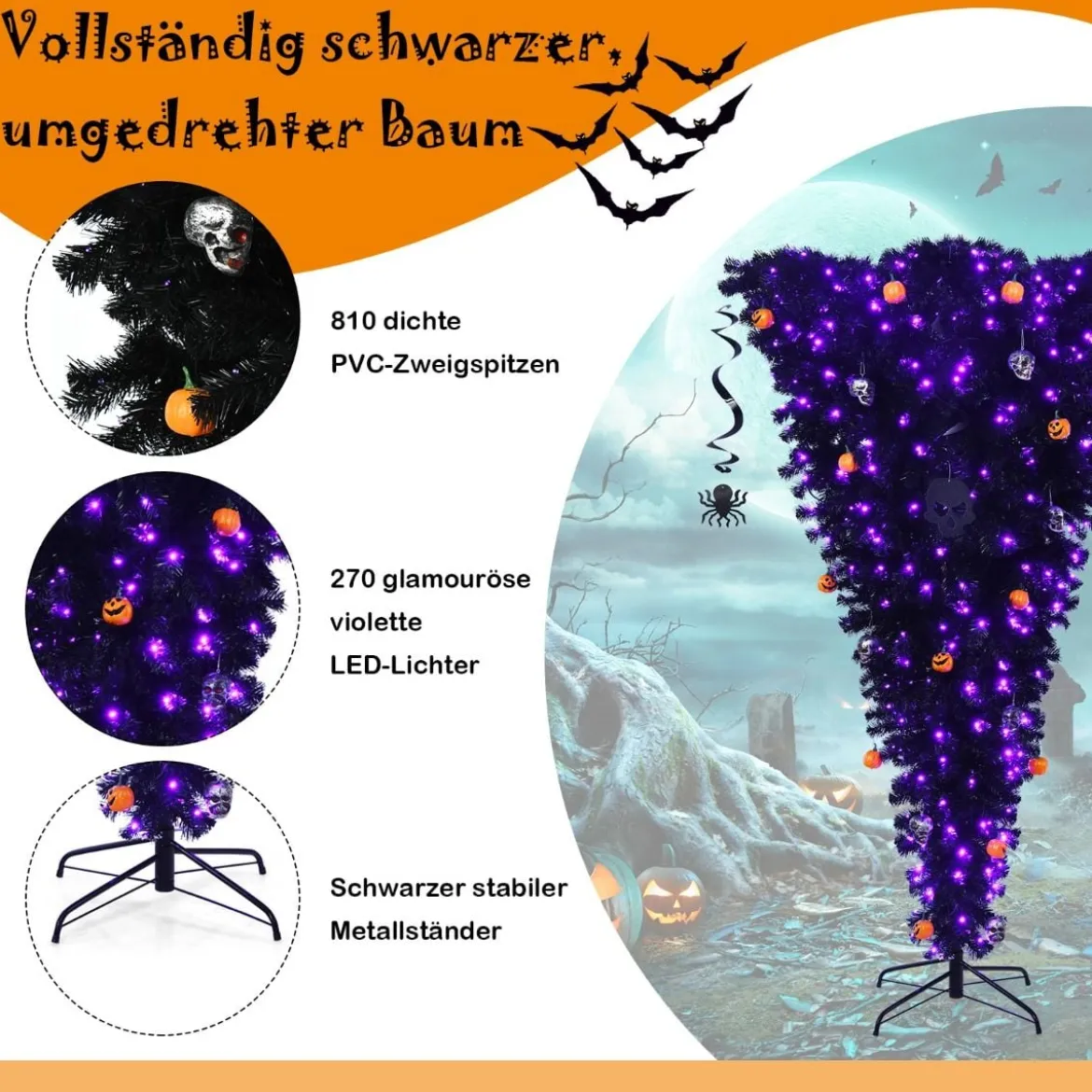 180 cm schwarzer künstlicher Weihnachtsbaum beleuchteter Halloweenbaum mit 270 lila LED-Lichtern