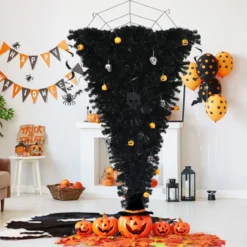 180 cm schwarzer künstlicher Weihnachtsbaum beleuchteter Halloweenbaum mit 270 lila LED-Lichtern