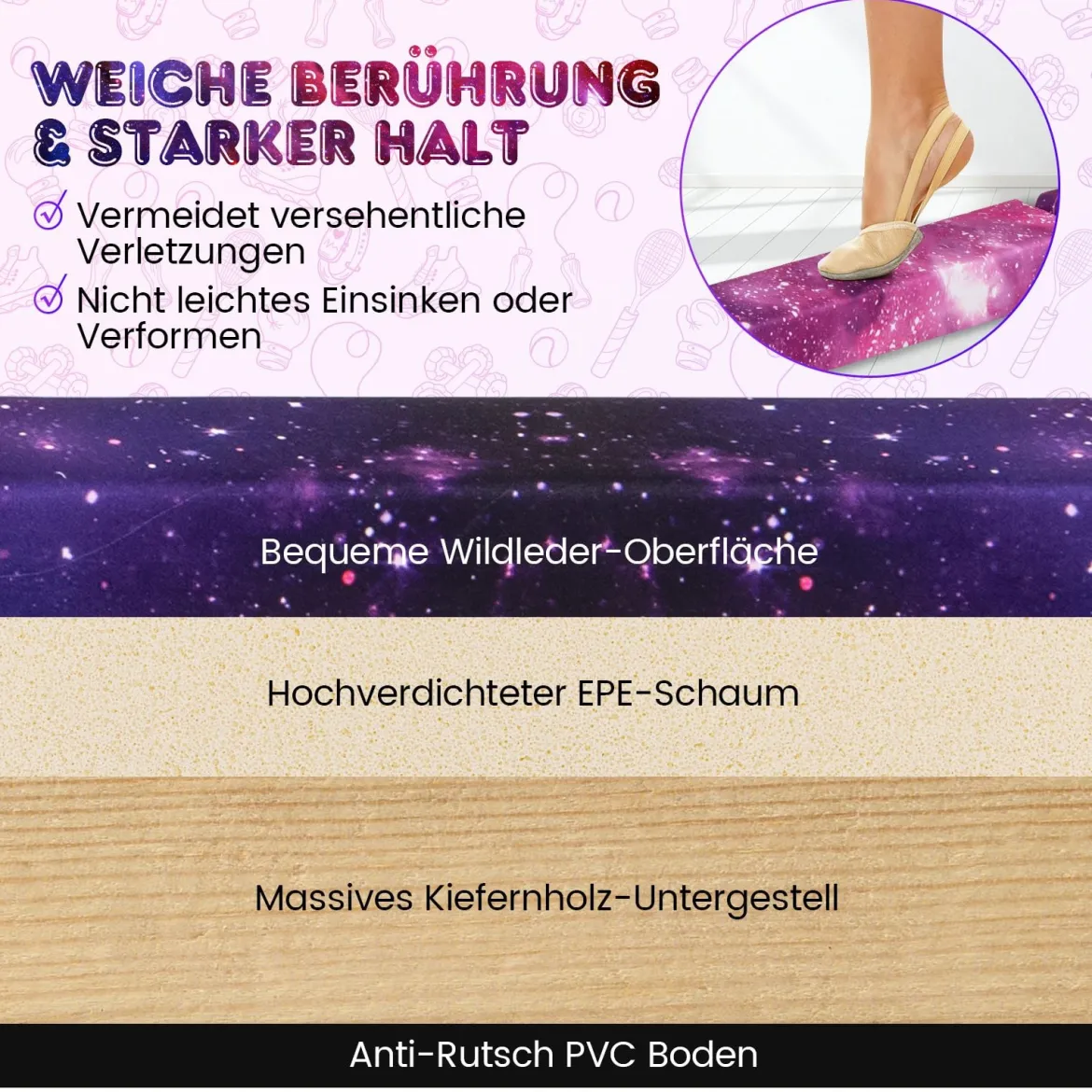 240cm Schwebebalken Kinder Balancierbalken klappbar Gymnastikbalken mit Tragegriff & rutschfestem Boden Mehrfarbig