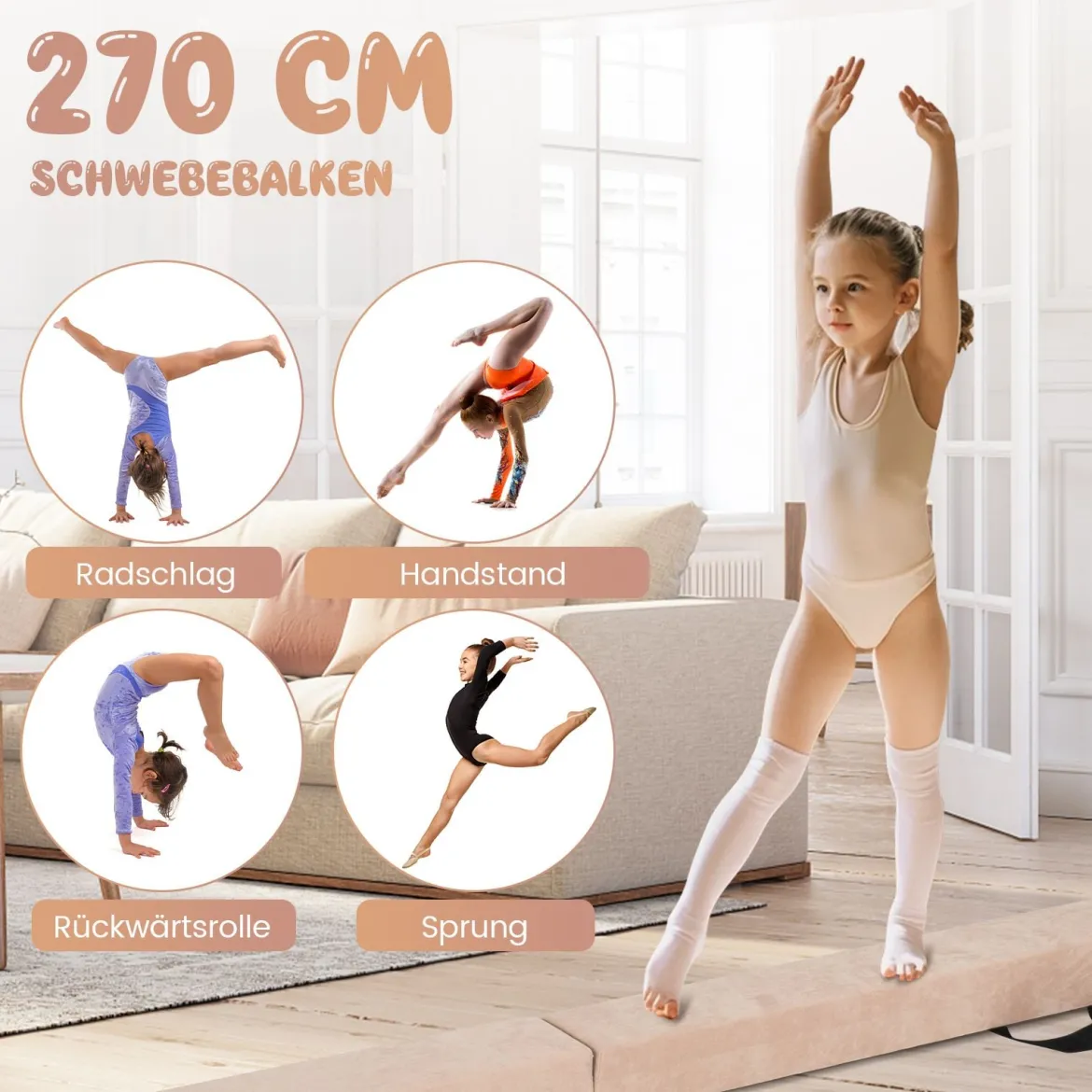 270 cm Schwebebalken Kinder Balancierbalken klappbar Gymnastikbalken mit Tragegriff