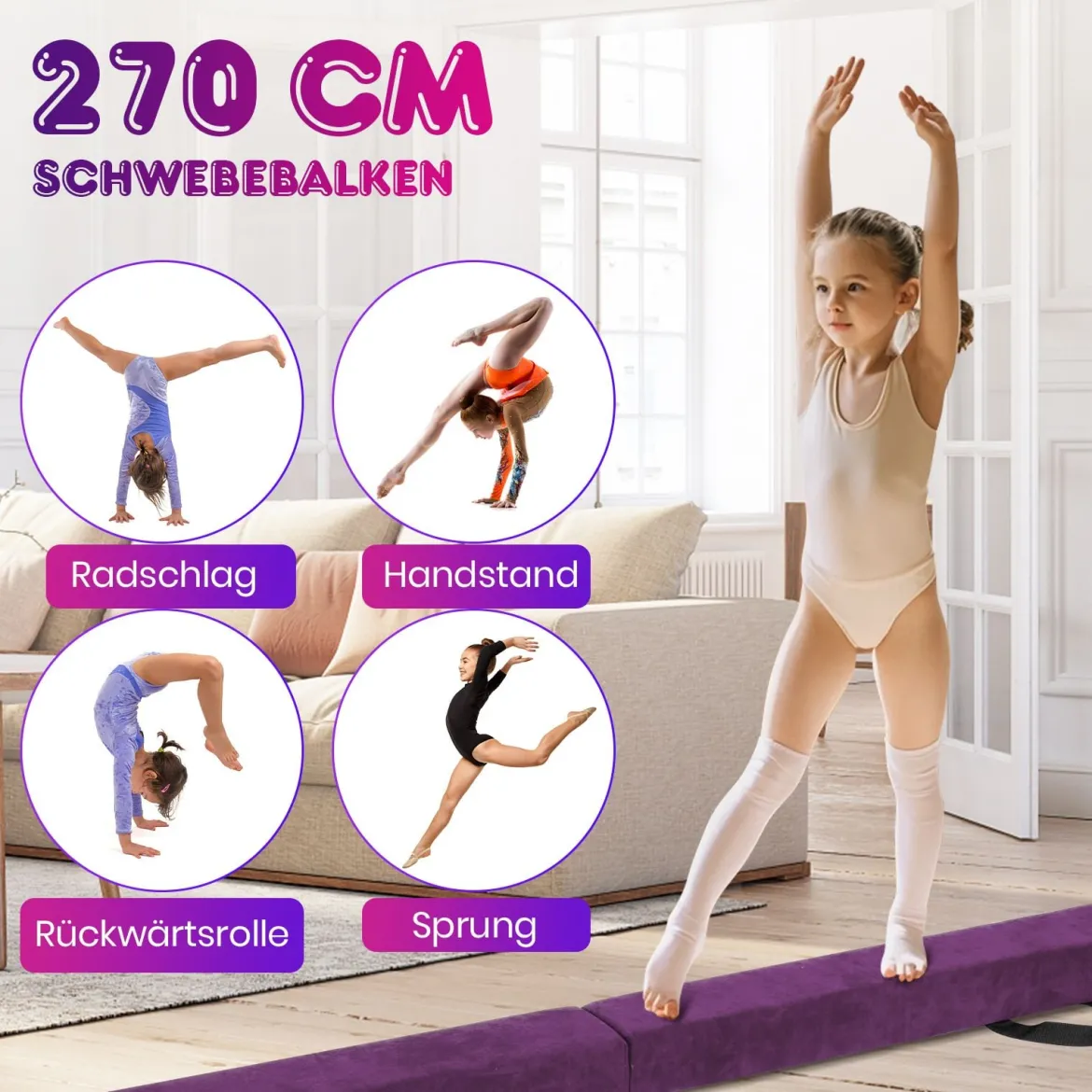 270 cm Schwebebalken Kinder Balancierbalken klappbar Gymnastikbalken mit Tragegriff