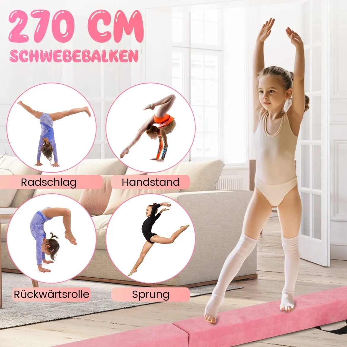 270 cm Schwebebalken Kinder Balancierbalken klappbar Gymnastikbalken mit Tragegriff