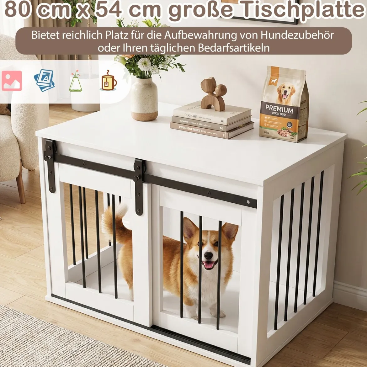 80 cm Schwere Hundebox mit Schiebetür im Scheunenstil Hundekäfig Möbel Seitentisch Weiß
