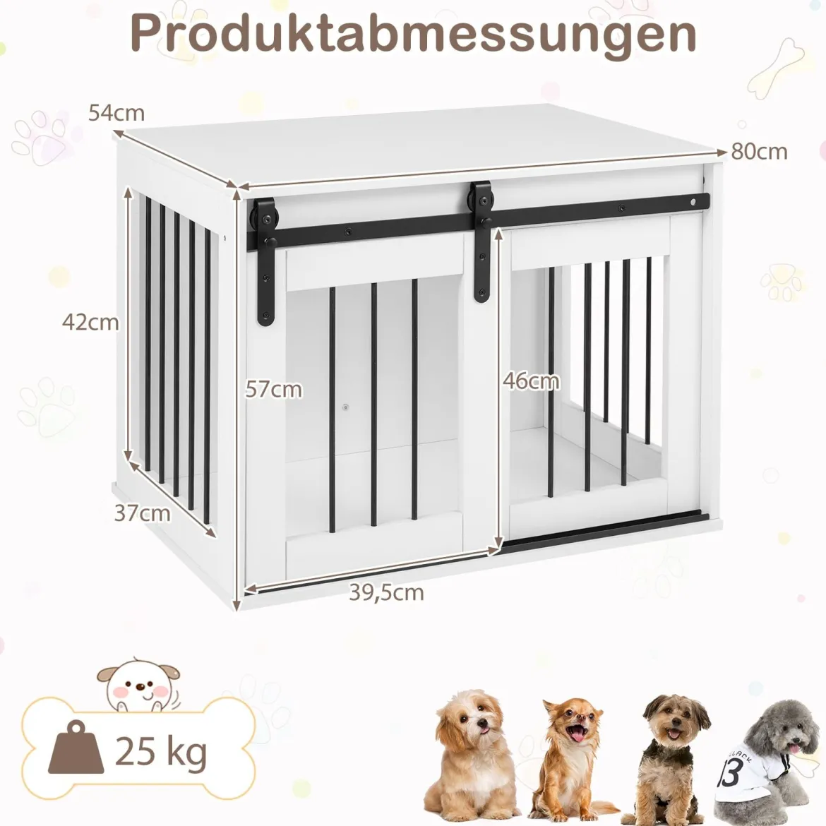 80 cm Schwere Hundebox mit Schiebetür im Scheunenstil Hundekäfig Möbel Seitentisch Weiß
