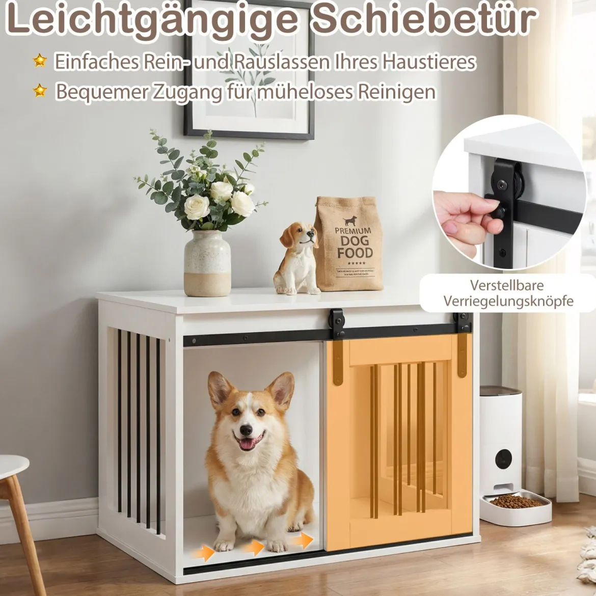 80 cm Schwere Hundebox mit Schiebetür im Scheunenstil Hundekäfig Möbel Seitentisch Weiß