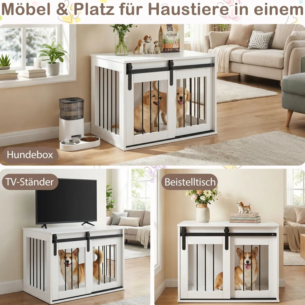 80 cm Schwere Hundebox mit Schiebetür im Scheunenstil Hundekäfig Möbel Seitentisch Weiß