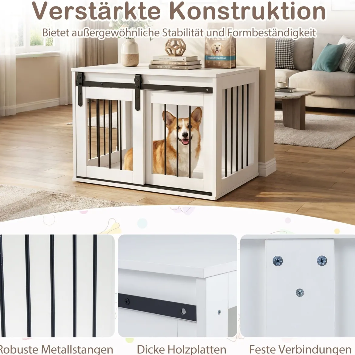 80 cm Schwere Hundebox mit Schiebetür im Scheunenstil Hundekäfig Möbel Seitentisch Weiß