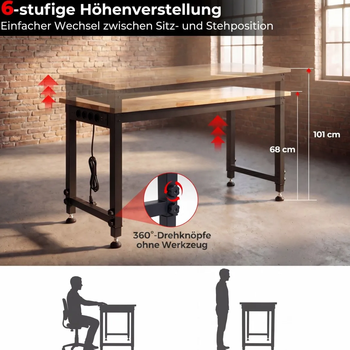 122 cm Schwerlast Werkbank Höhenverstellbarer Arbeitstisch mit Metallrahmen Lochwand & Steckdose
