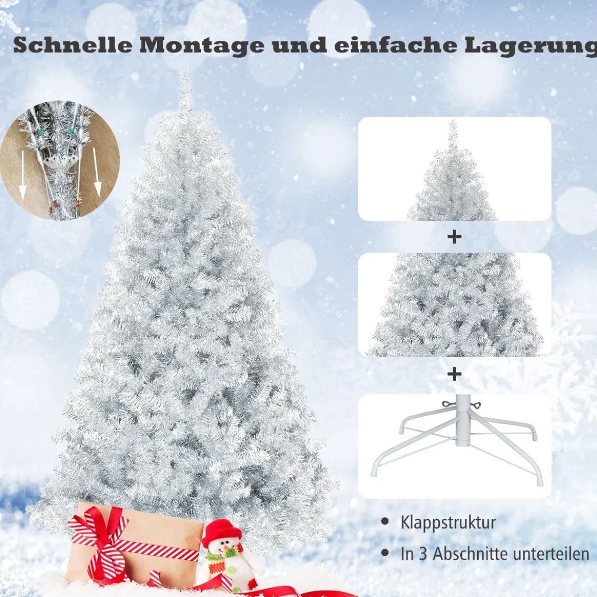 180 cm Silber Künstlicher Klappbarer Weihnachtsbaum mit Silberglitter & Metallständer