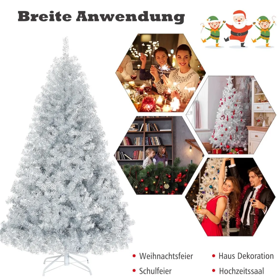 180 cm Silber Künstlicher Klappbarer Weihnachtsbaum mit Silberglitter & Metallständer