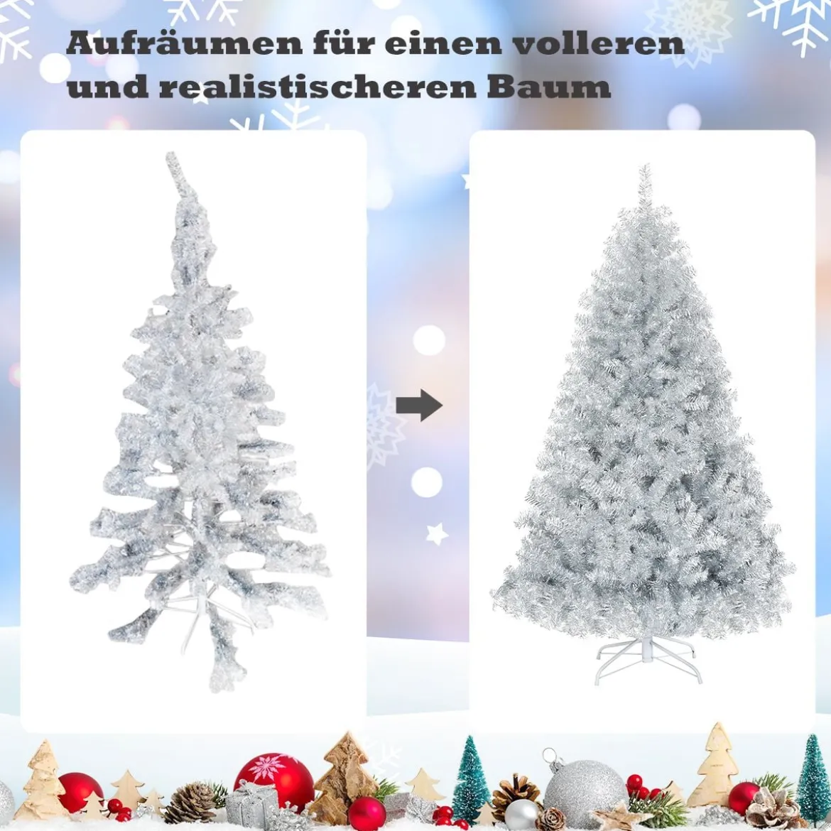 180 cm Silber Künstlicher Klappbarer Weihnachtsbaum mit Silberglitter & Metallständer