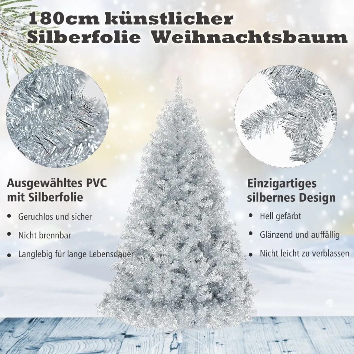 180 cm Silber Künstlicher Klappbarer Weihnachtsbaum mit Silberglitter & Metallständer