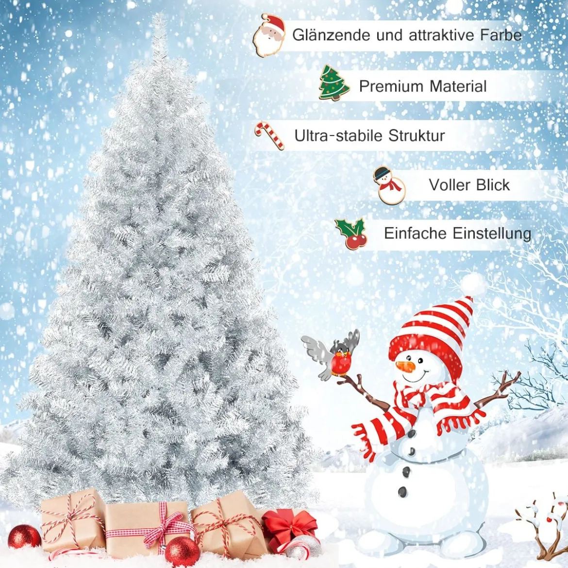 180 cm Silber Künstlicher Klappbarer Weihnachtsbaum mit Silberglitter & Metallständer