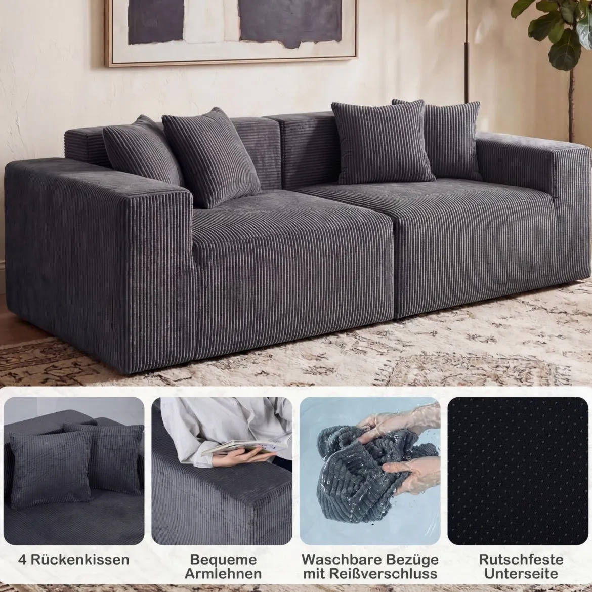 204 cm 2 sitzer Sofa Boneless Couch mit tiefem Sitz & Rückenlehne bequemen Armlehnen Grau