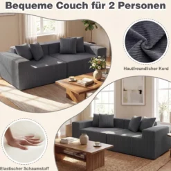 204 cm 2 sitzer Sofa Boneless Couch mit tiefem Sitz & Rückenlehne bequemen Armlehnen Grau