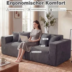 204 cm 2 sitzer Sofa Boneless Couch mit tiefem Sitz & Rückenlehne bequemen Armlehnen Grau