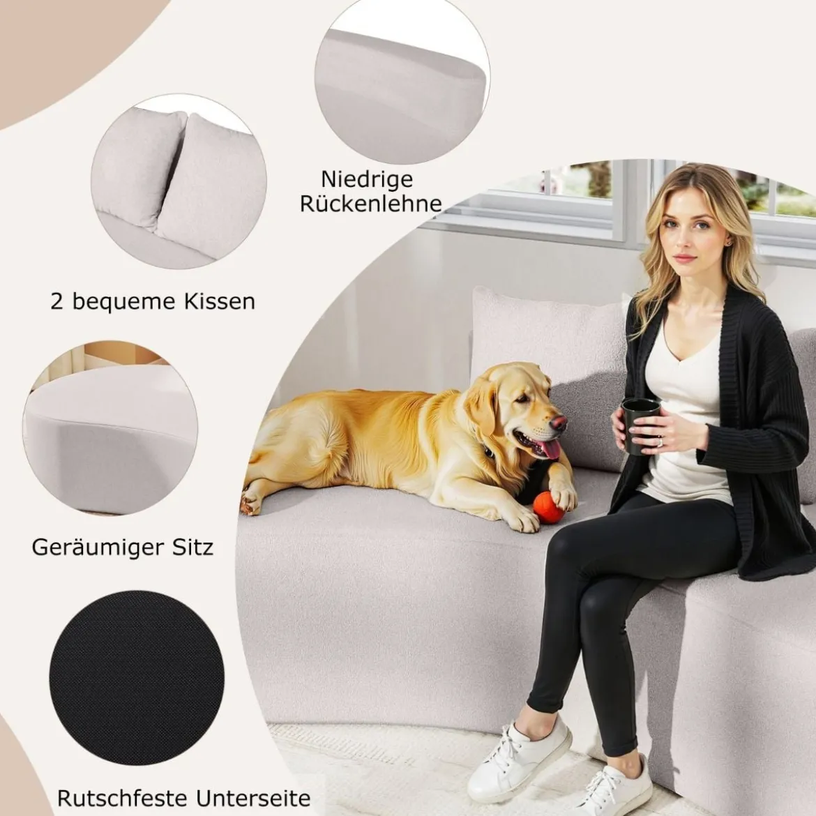 199 cm Sofa mit 2 Kissen & Niedriger Rückenlehne Gepolstertes Schlafsofa Couch Grau
