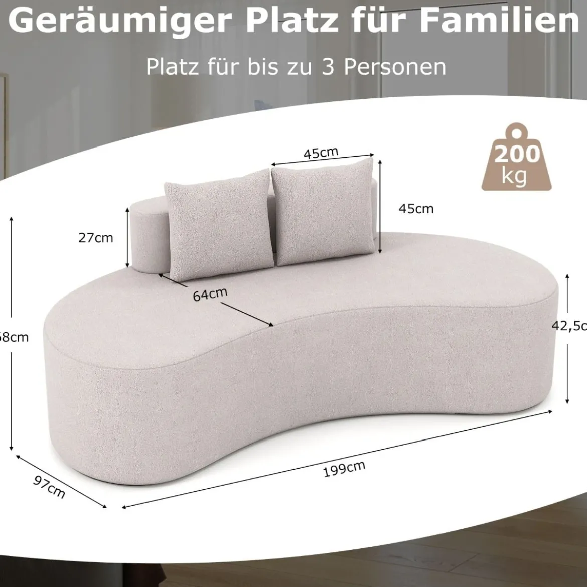 199 cm Sofa mit 2 Kissen & Niedriger Rückenlehne Gepolstertes Schlafsofa Couch Grau