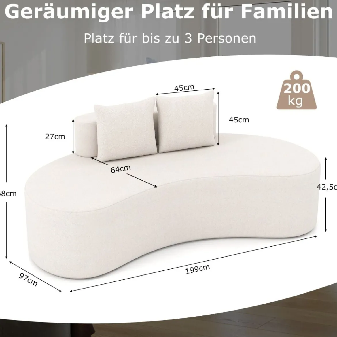 199 cm Sofa mit 2 Kissen & Niedriger Rückenlehne Gepolstertes Schlafsofa Couch Beige