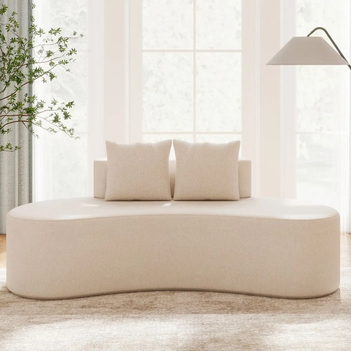 199 cm Sofa mit 2 Kissen & Niedriger Rückenlehne Gepolstertes Schlafsofa Couch Beige