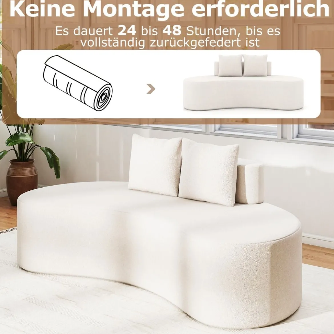 199 cm Sofa mit 2 Kissen & Niedriger Rückenlehne Gepolstertes Schlafsofa Couch Beige
