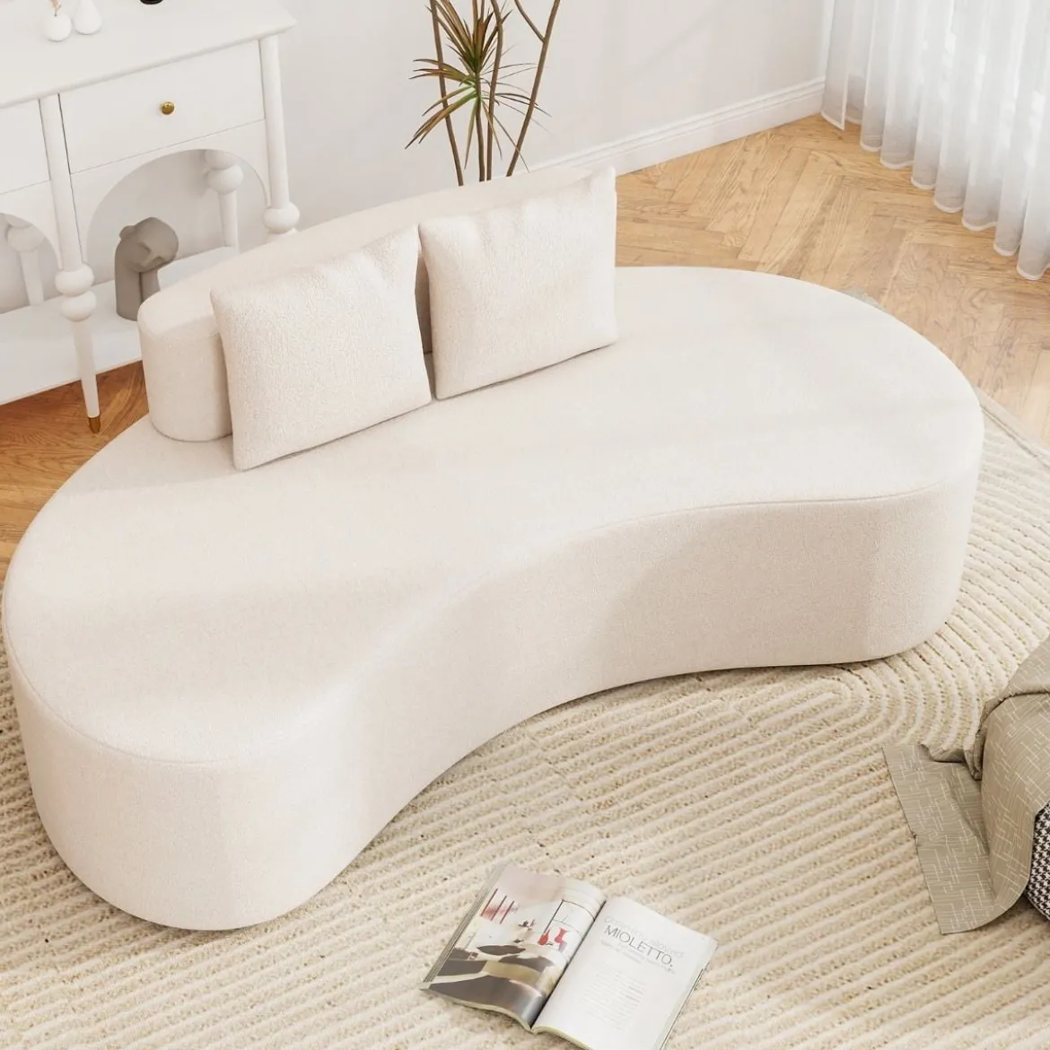 199 cm Sofa mit 2 Kissen & Niedriger Rückenlehne Gepolstertes Schlafsofa Couch Beige