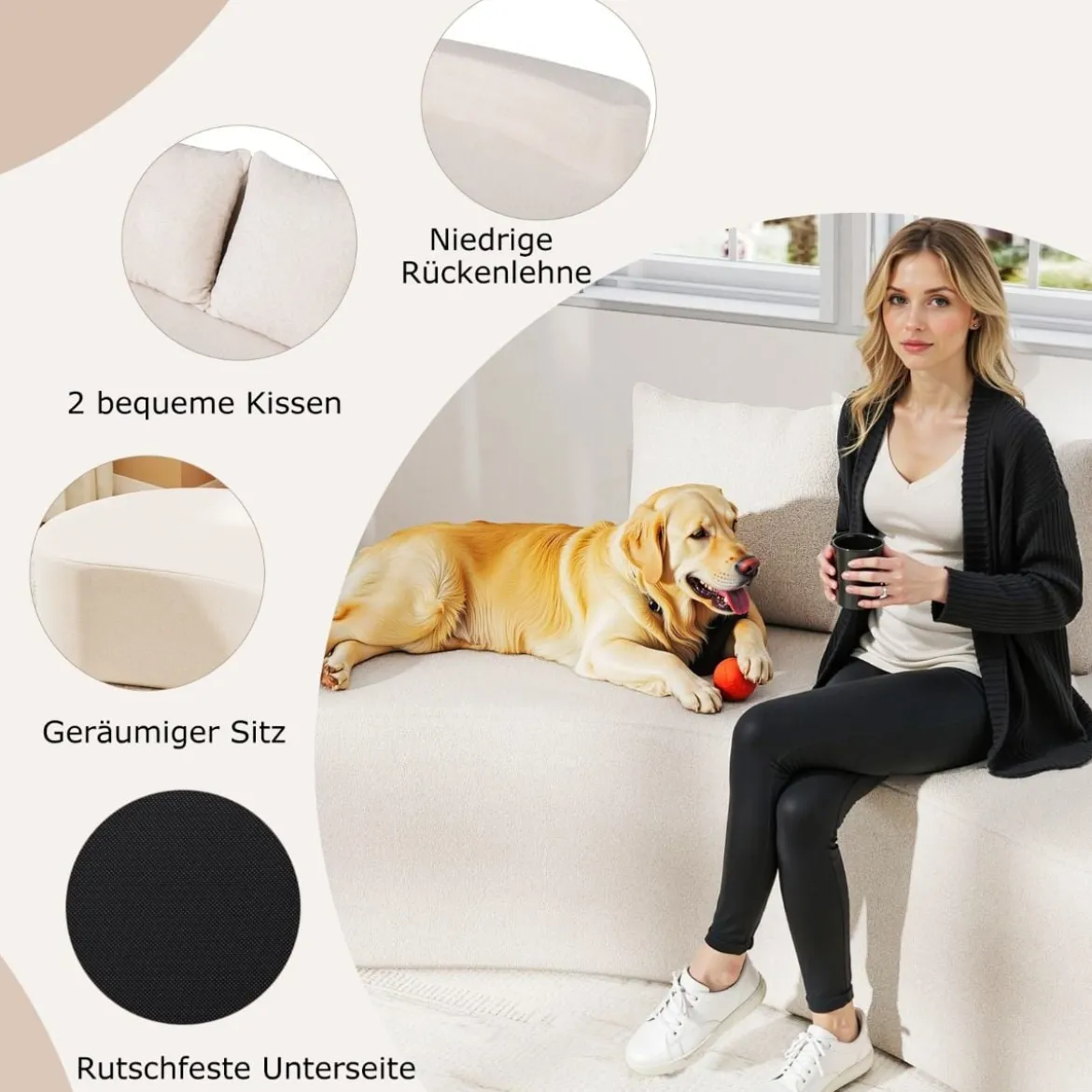 199 cm Sofa mit 2 Kissen & Niedriger Rückenlehne Gepolstertes Schlafsofa Couch Beige