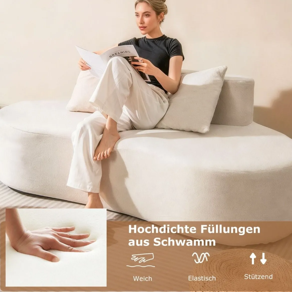 199 cm Sofa mit 2 Kissen & Niedriger Rückenlehne Gepolstertes Schlafsofa Couch Beige
