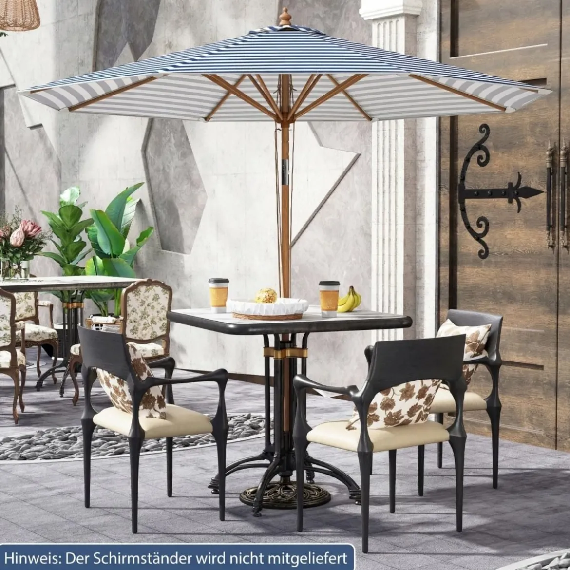 270 cm Sonnenschirm Beidseitig um 30° Knickbar Holz Gartenschirm Beige/Khaki Tan/Blau + Weiß Gestreift