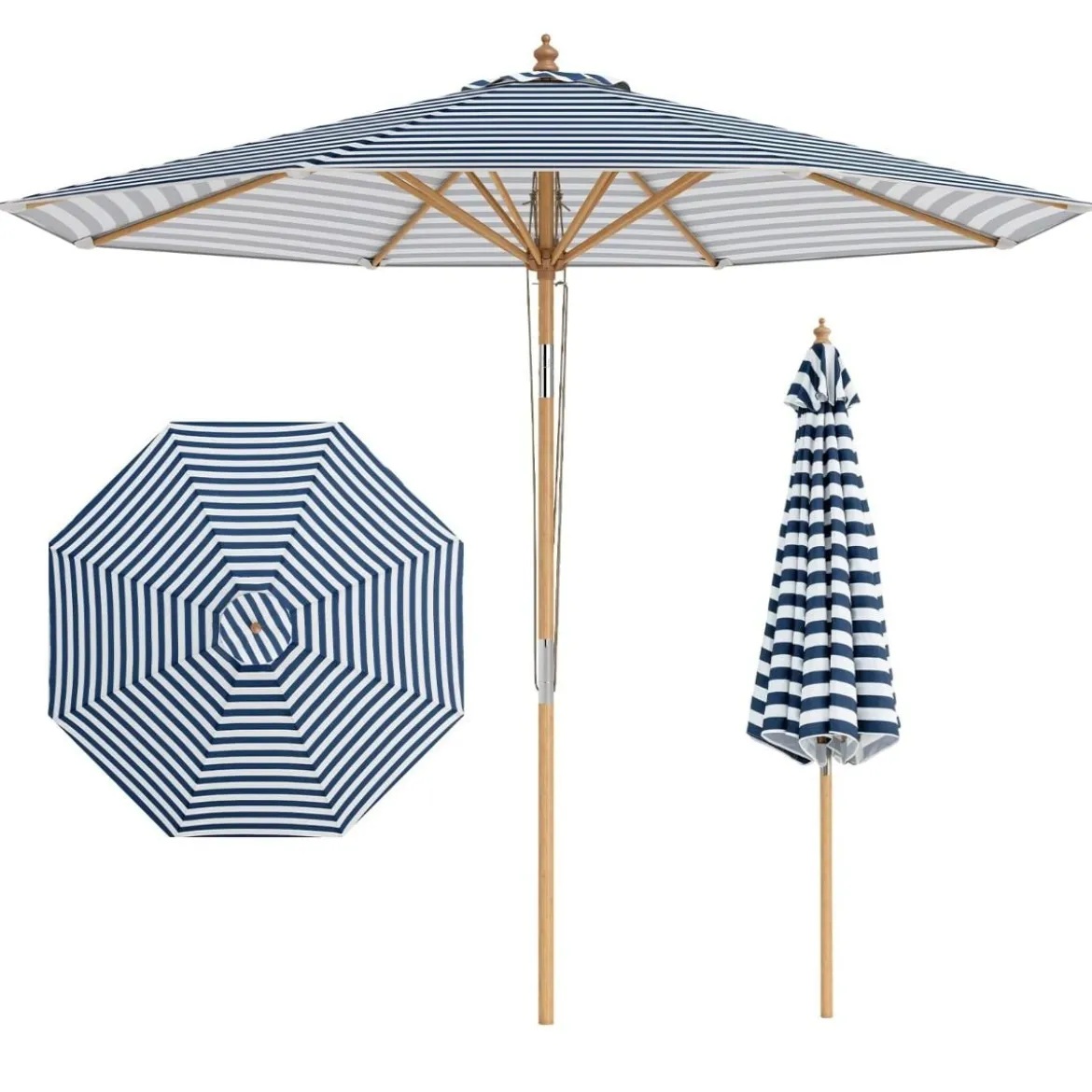 270 cm Sonnenschirm Beidseitig um 30° Knickbar Holz Gartenschirm Beige/Khaki Tan/Blau + Weiß Gestreift
