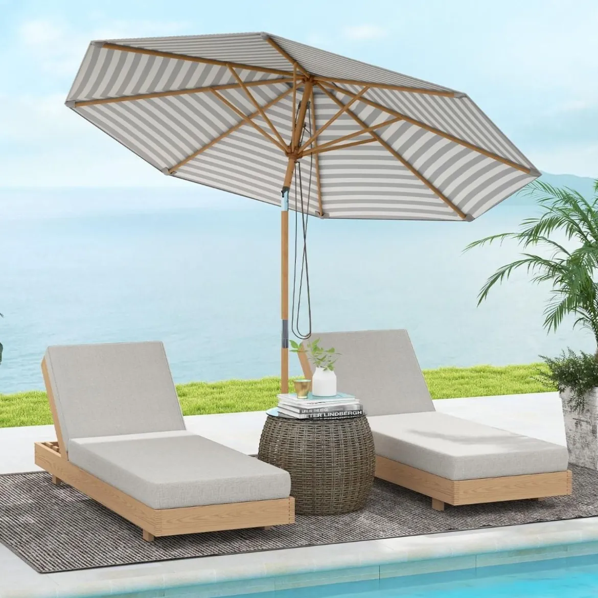 270 cm Sonnenschirm Beidseitig um 30° Knickbar Holz Gartenschirm Beige/Khaki Tan/Blau + Weiß Gestreift