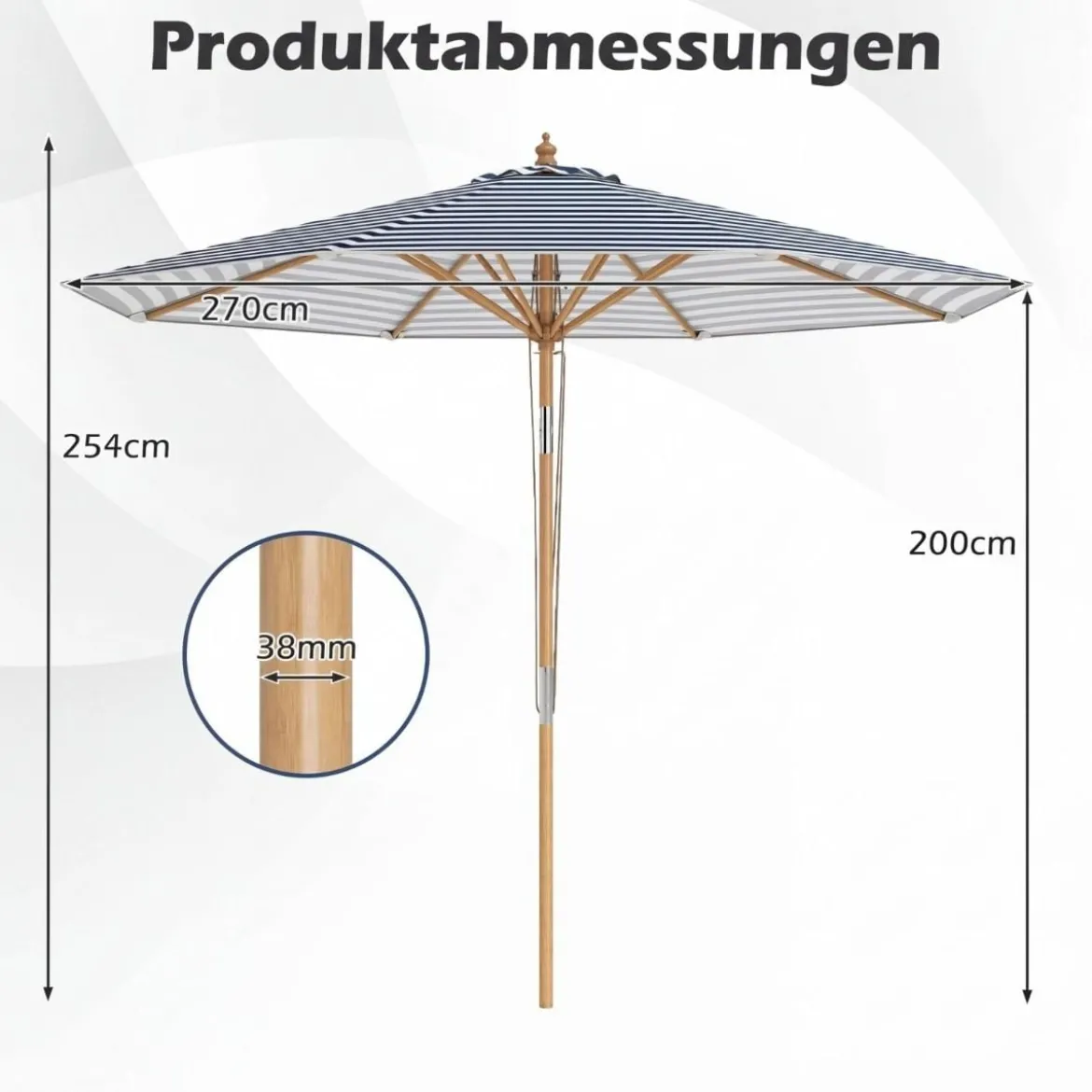 270 cm Sonnenschirm Beidseitig um 30° Knickbar Holz Gartenschirm Beige/Khaki Tan/Blau + Weiß Gestreift