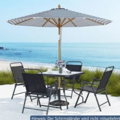 270 cm Sonnenschirm Beidseitig um 30° Knickbar Holz Gartenschirm Beige/Khaki Tan/Blau + Weiß Gestreift