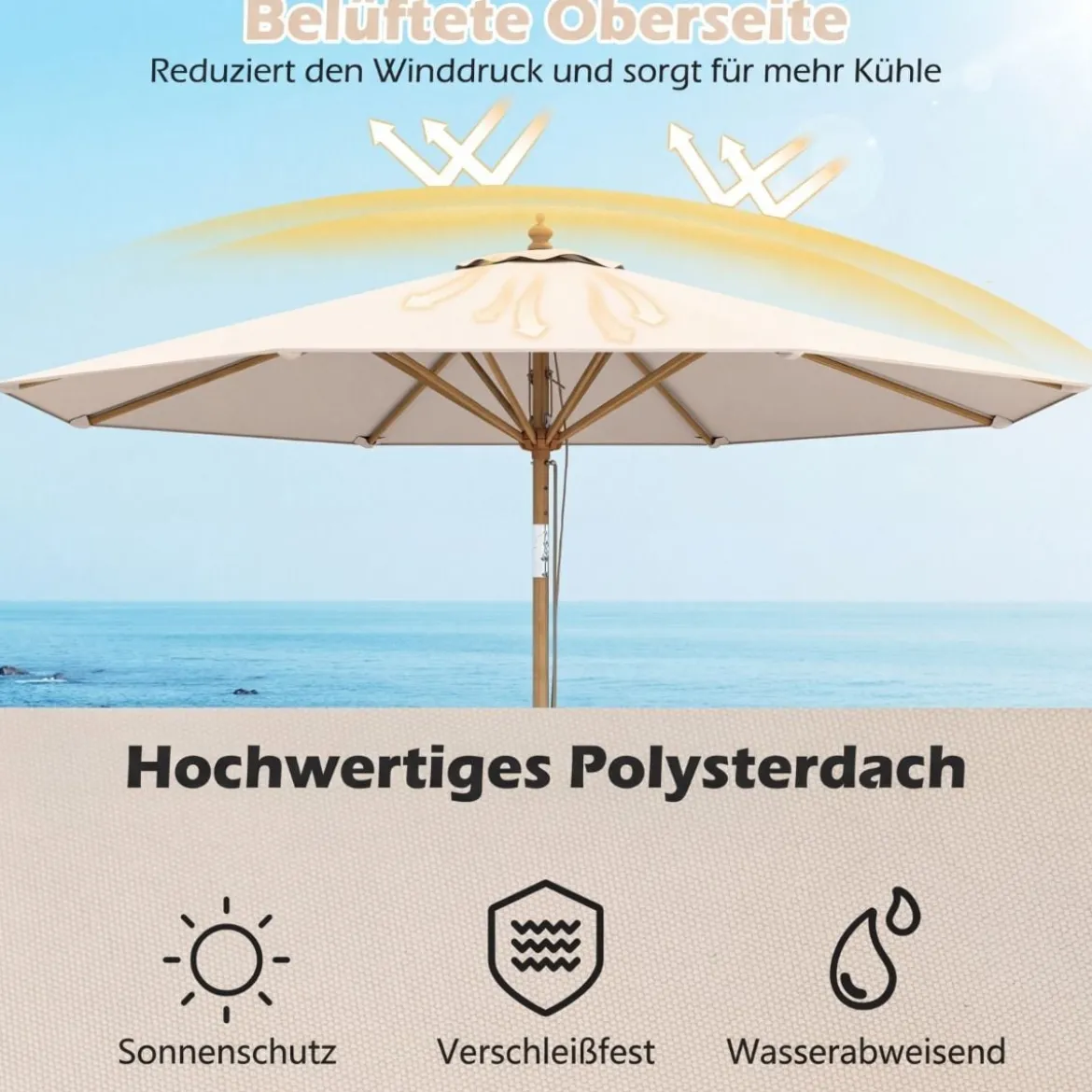 270 cm Sonnenschirm Beidseitig um 30° Knickbar Holz Gartenschirm Beige/Khaki Tan/Blau + Weiß Gestreift