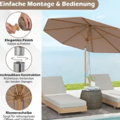 270 cm Sonnenschirm Beidseitig um 30° Knickbar Holz Gartenschirm Beige/Khaki Tan/Blau + Weiß Gestreift