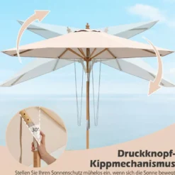 270 cm Sonnenschirm Beidseitig um 30° Knickbar Holz Gartenschirm Beige/Khaki Tan/Blau + Weiß Gestreift