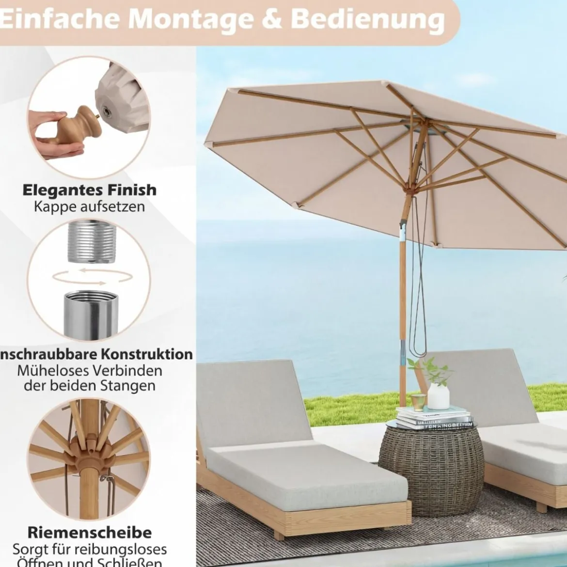 270 cm Sonnenschirm Beidseitig um 30° Knickbar Holz Gartenschirm Beige/Khaki Tan/Blau + Weiß Gestreift