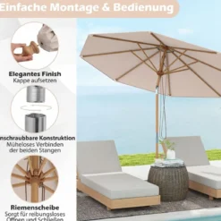 270 cm Sonnenschirm Beidseitig um 30° Knickbar Holz Gartenschirm Beige/Khaki Tan/Blau + Weiß Gestreift