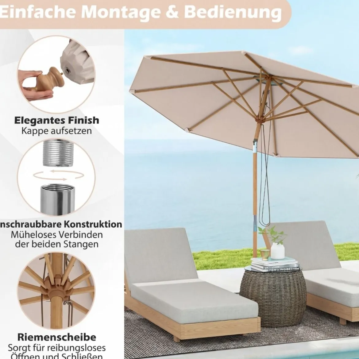 270 cm Sonnenschirm Beidseitig um 30° Knickbar Holz Gartenschirm Beige/Khaki Tan/Blau + Weiß Gestreift