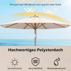 270 cm Sonnenschirm Beidseitig um 30° Knickbar Holz Gartenschirm Beige/Khaki Tan/Blau + Weiß Gestreift