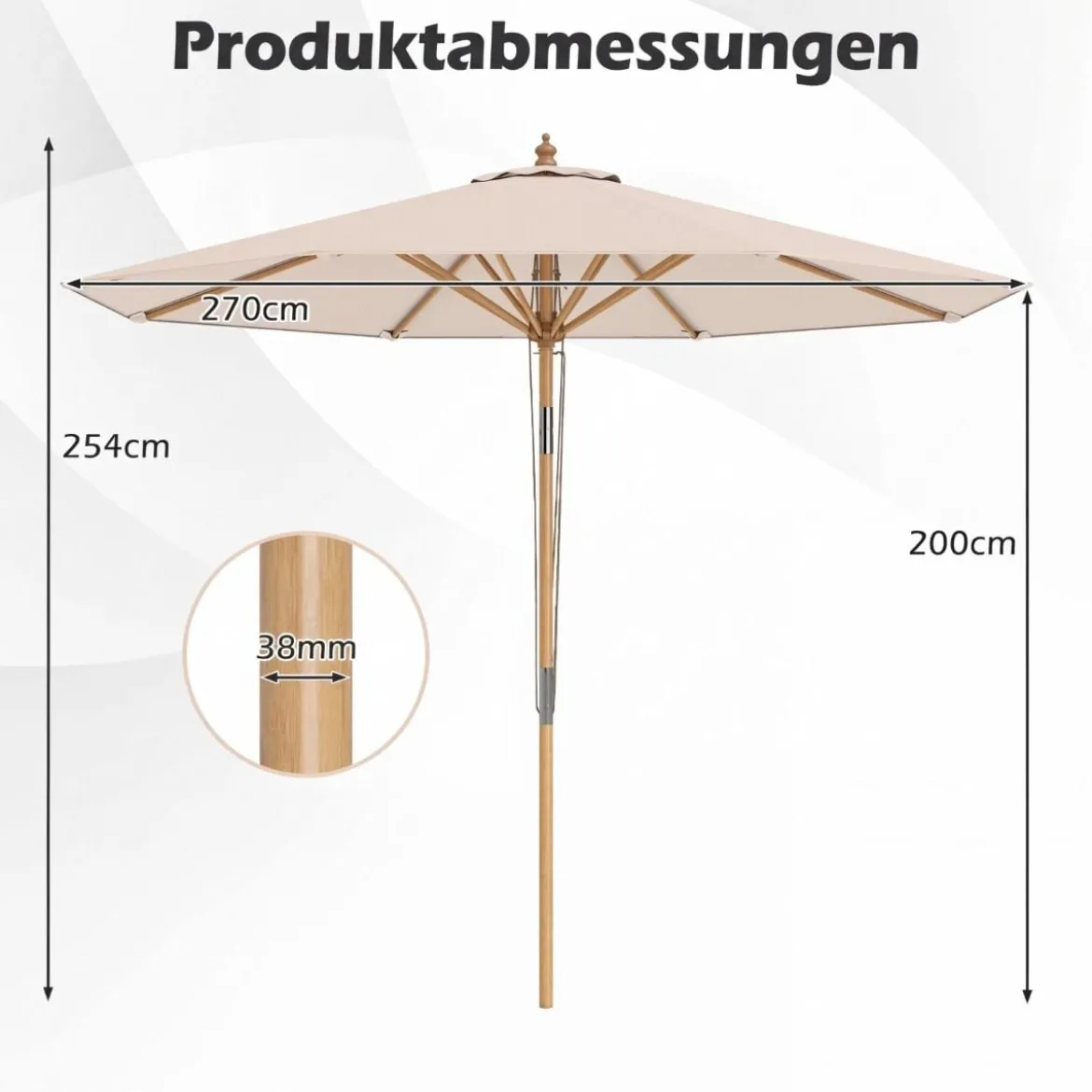 270 cm Sonnenschirm Beidseitig um 30° Knickbar Holz Gartenschirm Beige/Khaki Tan/Blau + Weiß Gestreift