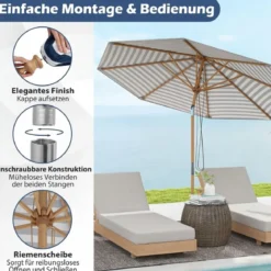270 cm Sonnenschirm Beidseitig um 30° Knickbar Holz Gartenschirm Beige/Khaki Tan/Blau + Weiß Gestreift